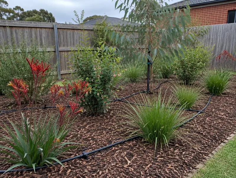Drip irrigation line installed through a mulched native garden bed in an Adelaide backyard, with kangaroo paw and lomandra